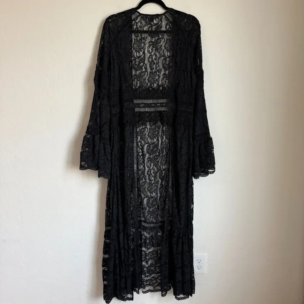 Boston Proper Black Lace Bell Sleeve Duster Cardigan Whimsy Goth Faerie Witchy - Picture 12 of 16